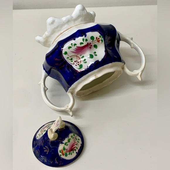 19th Century Vintage Gaudy Welsh Feather Pattern Handled Lidded Sugar Bowl - Picture 10 of 16